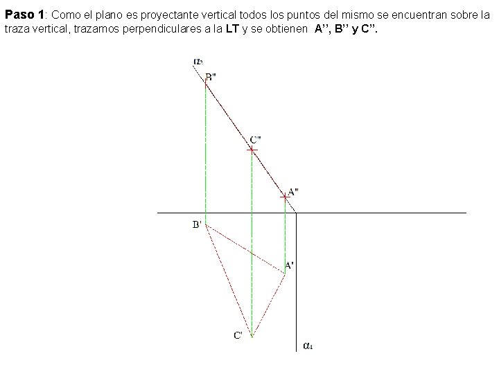 Paso 1: Como el plano es proyectante vertical todos los puntos del mismo se