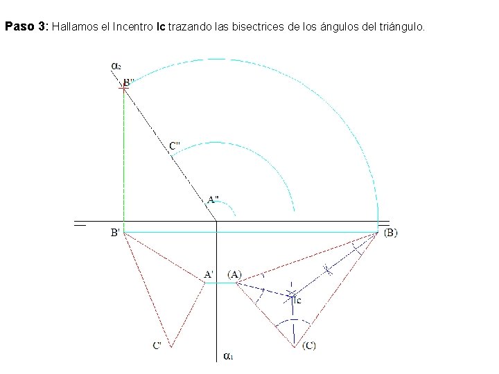 Paso 3: Hallamos el Incentro Ic trazando las bisectrices de los ángulos del triángulo.
