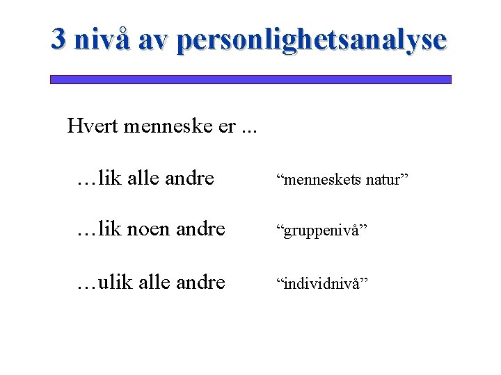 3 nivå av personlighetsanalyse Hvert menneske er. . . …lik alle andre “menneskets natur”