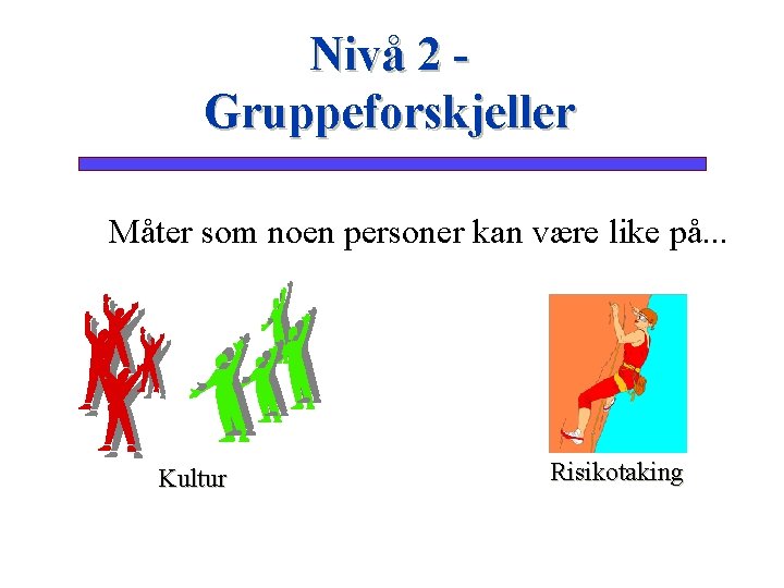 Nivå 2 Gruppeforskjeller Måter som noen personer kan være like på. . . Kultur