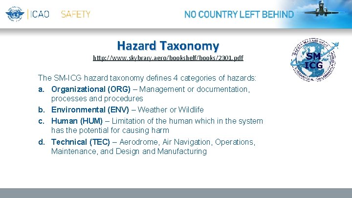 Hazard Taxonomy http: //www. skybrary. aero/bookshelf/books/2301. pdf The SM-ICG hazard taxonomy defines 4 categories Hazard Taxonomy http: //www. skybrary. aero/bookshelf/books/2301. pdf The SM-ICG hazard taxonomy defines 4 categories