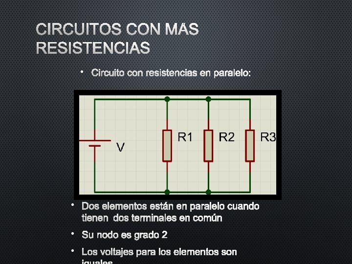 CIRCUITOS CON MÁS RESISTENCIAS • CIRCUITO CON RESISTENCIAS EN PARALELO: • DOS ELEMENTOS ESTÁN CIRCUITOS CON MÁS RESISTENCIAS • CIRCUITO CON RESISTENCIAS EN PARALELO: • DOS ELEMENTOS ESTÁN