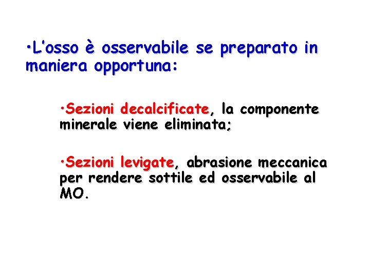  • L’osso è osservabile se preparato in maniera opportuna: • Sezioni decalcificate, la