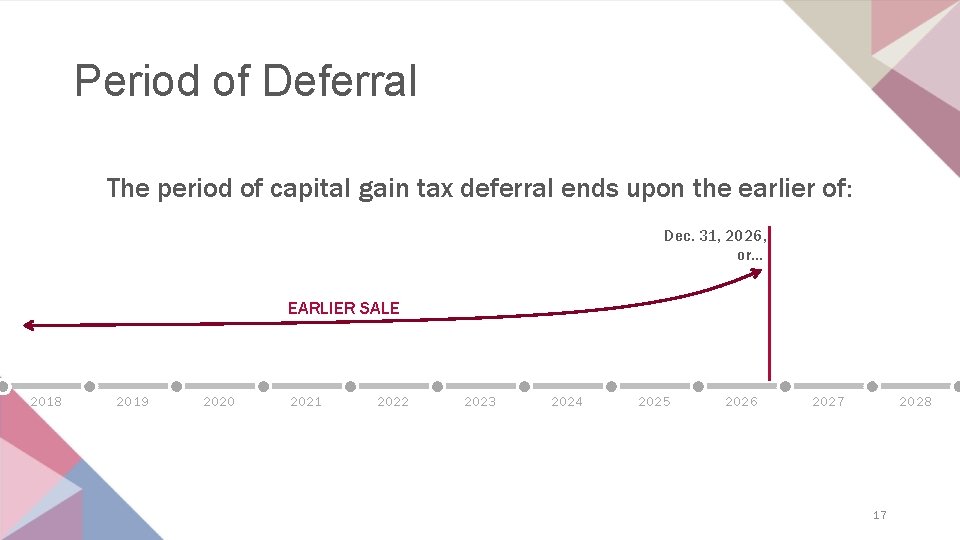 Period of Deferral The period of capital gain tax deferral ends upon the earlier