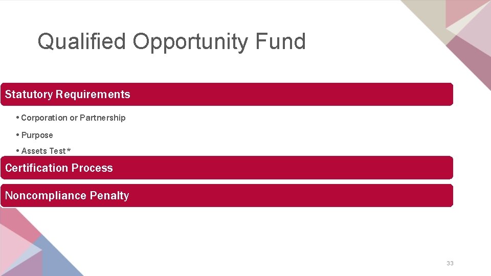 Qualified Opportunity Fund Statutory Requirements • Corporation or Partnership • Purpose • Assets Test*