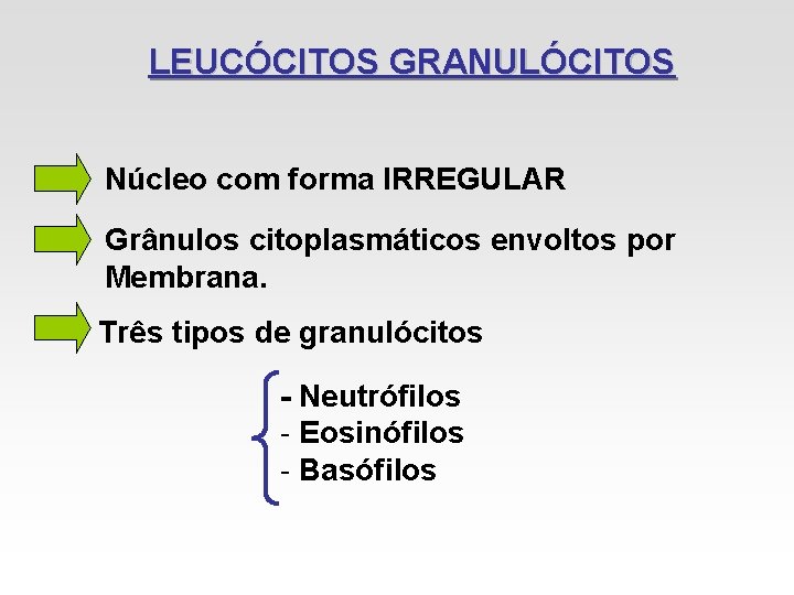 LEUCÓCITOS GRANULÓCITOS Núcleo com forma IRREGULAR Grânulos citoplasmáticos envoltos por Membrana. Três tipos de LEUCÓCITOS GRANULÓCITOS Núcleo com forma IRREGULAR Grânulos citoplasmáticos envoltos por Membrana. Três tipos de