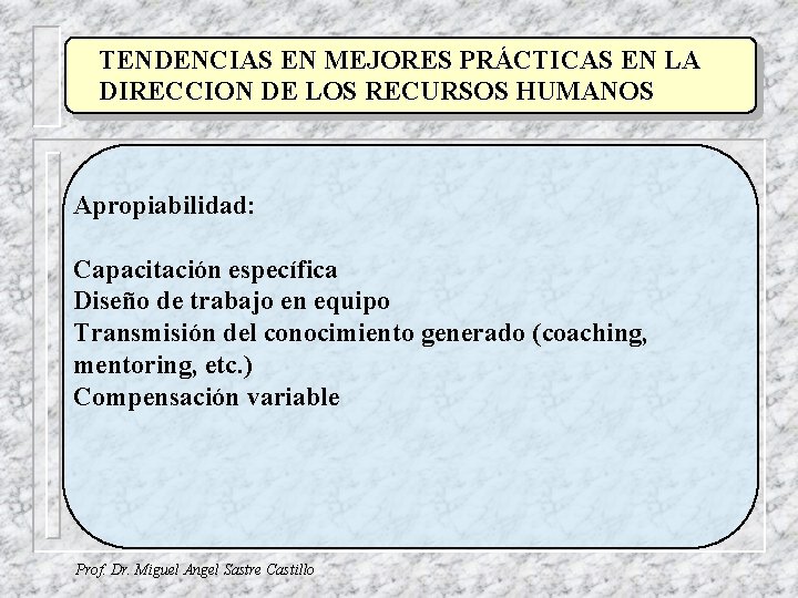 TENDENCIAS EN MEJORES PRÁCTICAS EN LA DIRECCION DE LOS RECURSOS HUMANOS Apropiabilidad: Capacitación específica
