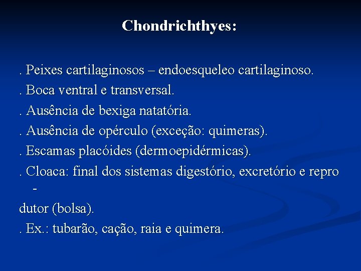 Chondrichthyes: . Peixes cartilaginosos – endoesqueleo cartilaginoso. . Boca ventral e transversal. . Ausência Chondrichthyes: . Peixes cartilaginosos – endoesqueleo cartilaginoso. . Boca ventral e transversal. . Ausência