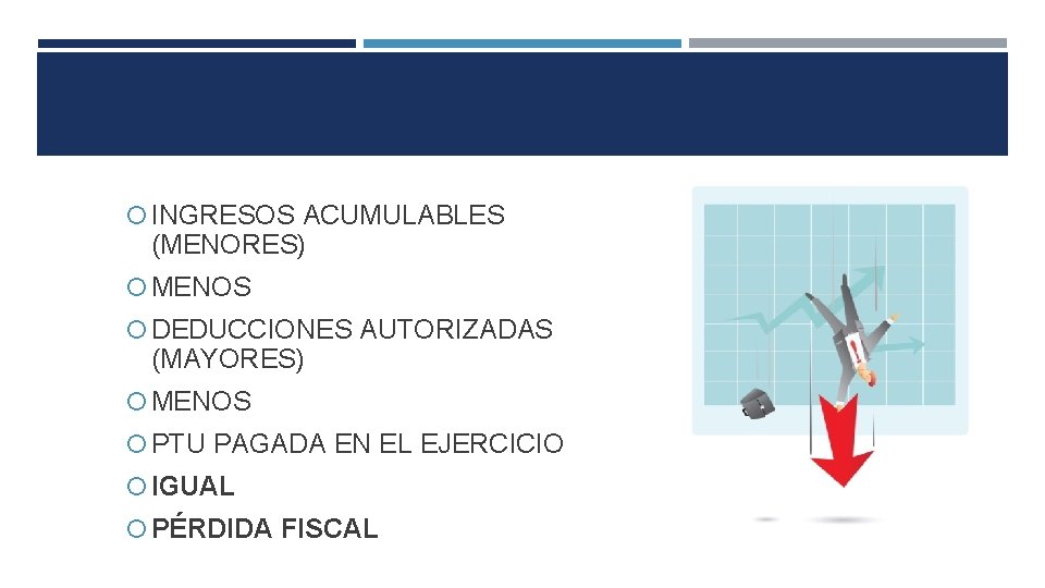  INGRESOS ACUMULABLES (MENORES) MENOS DEDUCCIONES AUTORIZADAS (MAYORES) MENOS PTU PAGADA EN EL EJERCICIO