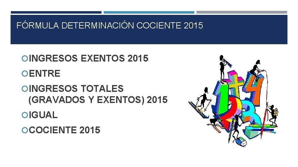 FÓRMULA DETERMINACIÓN COCIENTE 2015 INGRESOS EXENTOS 2015 ENTRE INGRESOS TOTALES (GRAVADOS Y EXENTOS) 2015