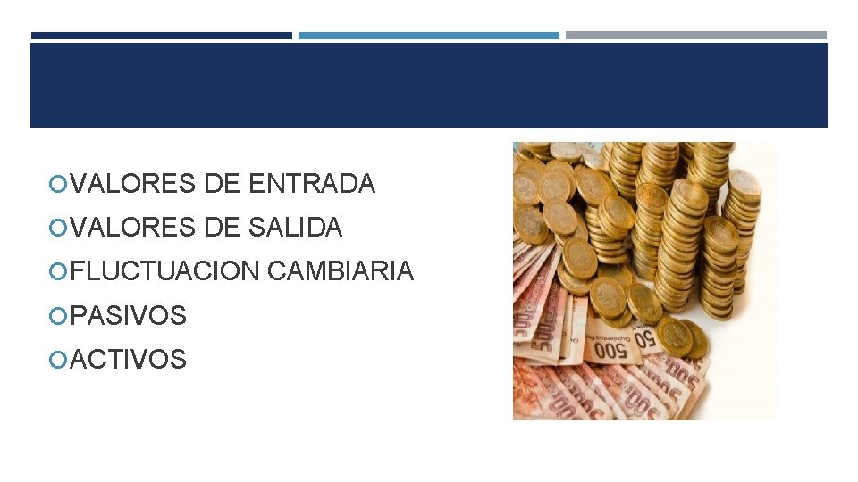  VALORES DE ENTRADA VALORES DE SALIDA FLUCTUACION CAMBIARIA PASIVOS ACTIVOS 