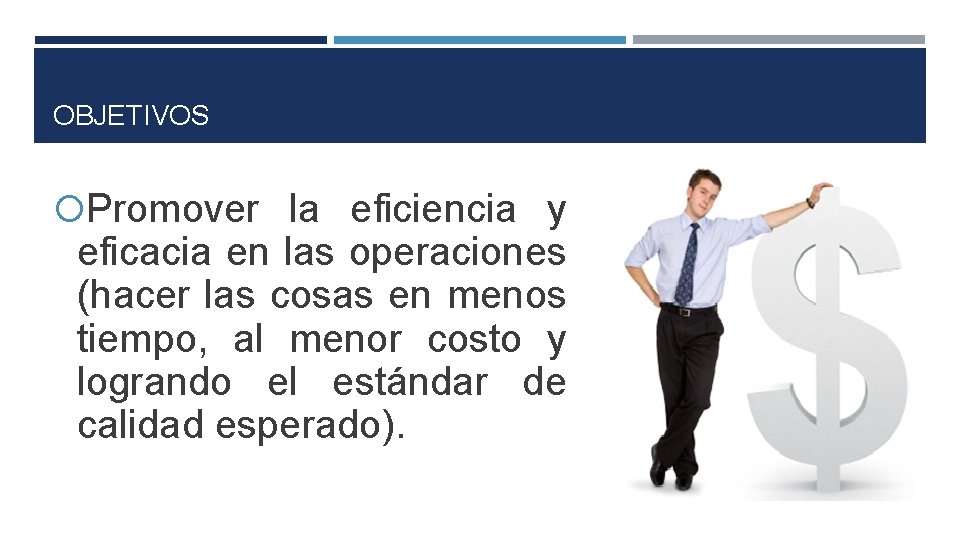 OBJETIVOS Promover la eficiencia y eficacia en las operaciones (hacer las cosas en menos