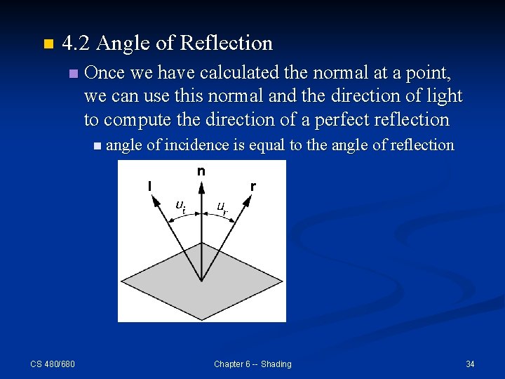 n 4. 2 Angle of Reflection n Once we have calculated the normal at