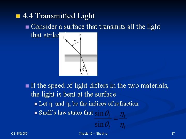 n 4. 4 Transmitted Light n Consider a surface that transmits all the light