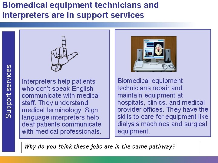 Support services Biomedical equipment technicians and interpreters are in support services Interpreters help patients Support services Biomedical equipment technicians and interpreters are in support services Interpreters help patients