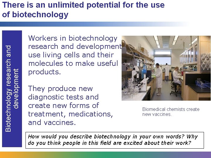 Biotechnology research and development There is an unlimited potential for the use of biotechnology Biotechnology research and development There is an unlimited potential for the use of biotechnology