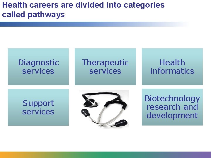 Health careers are divided into categories called pathways Diagnostic services Support services Therapeutic services