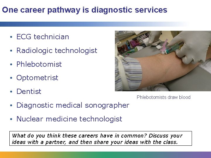 One career pathway is diagnostic services • ECG technician • Radiologic technologist • Phlebotomist One career pathway is diagnostic services • ECG technician • Radiologic technologist • Phlebotomist