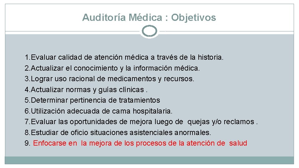 Auditoría Médica : Objetivos 1. Evaluar calidad de atención médica a través de la