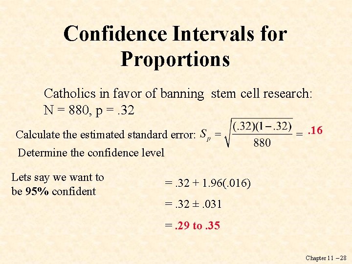 Confidence Intervals for Proportions Catholics in favor of banning stem cell research: N =