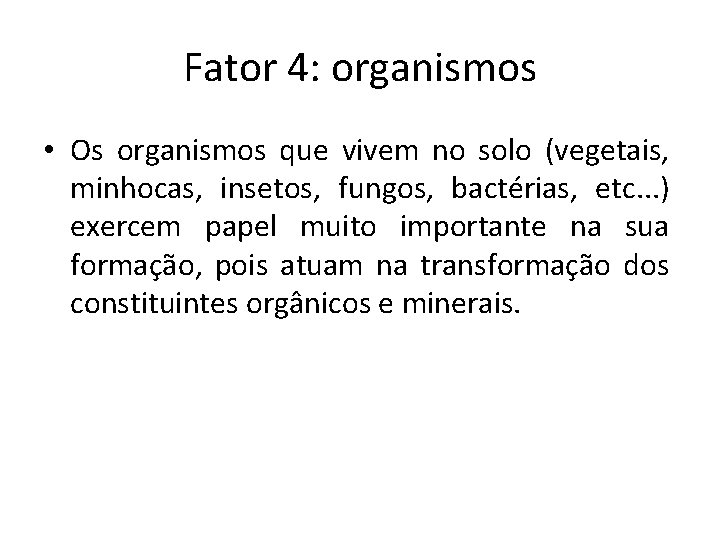 Fator 4: organismos • Os organismos que vivem no solo (vegetais, minhocas, insetos, fungos,