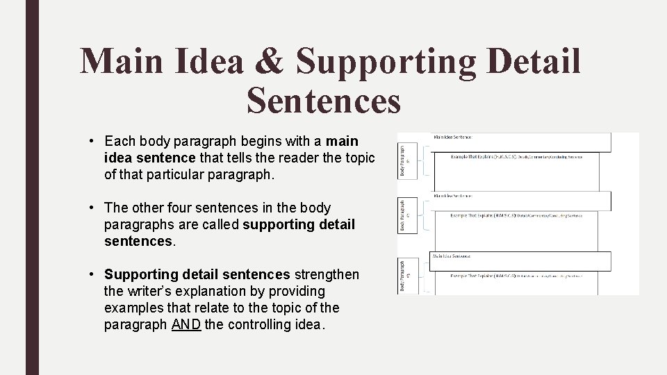 Main Idea & Supporting Detail Sentences • Each body paragraph begins with a main