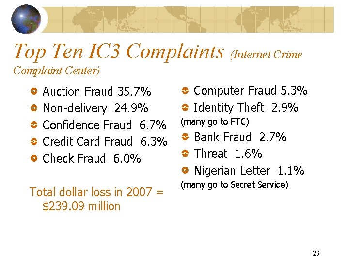 Top Ten IC 3 Complaints (Internet Crime Complaint Center) Auction Fraud 35. 7% Non-delivery