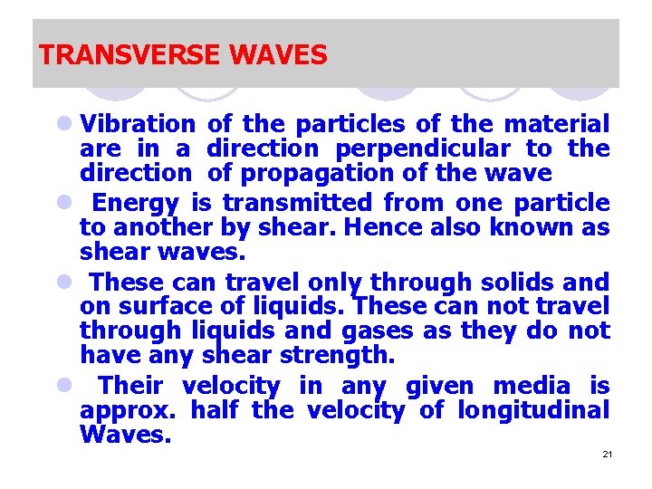 TRANSVERSE WAVES l Vibration of the particles of the material are in a direction