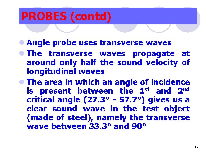 PROBES (contd) l Angle probe uses transverse waves l The transverse waves propagate at