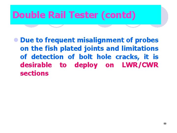 Double Rail Tester (contd) l Due to frequent misalignment of probes on the fish