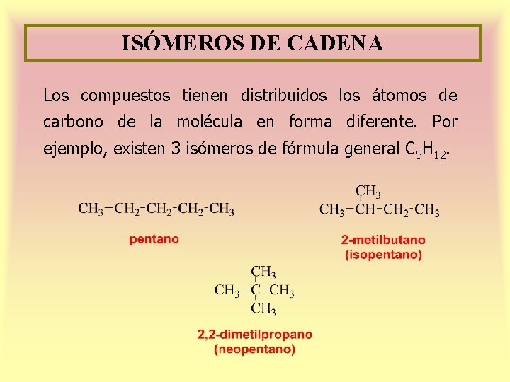 ISÓMEROS DE CADENA Los compuestos tienen distribuidos los átomos de carbono de la molécula