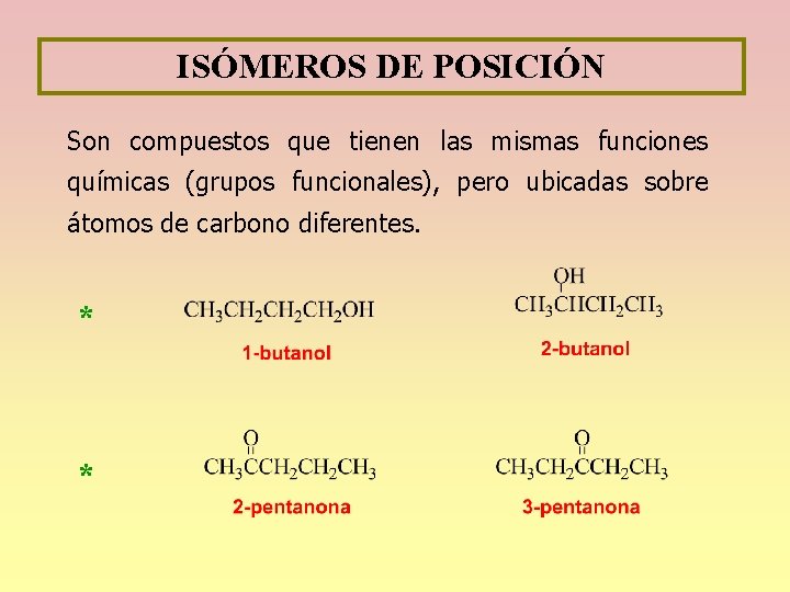 ISÓMEROS DE POSICIÓN Son compuestos que tienen las mismas funciones químicas (grupos funcionales), pero