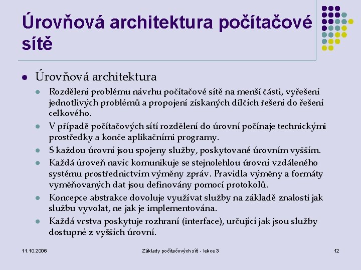 Úrovňová architektura počítačové sítě l Úrovňová architektura l l l 11. 10. 2006 Rozdělení