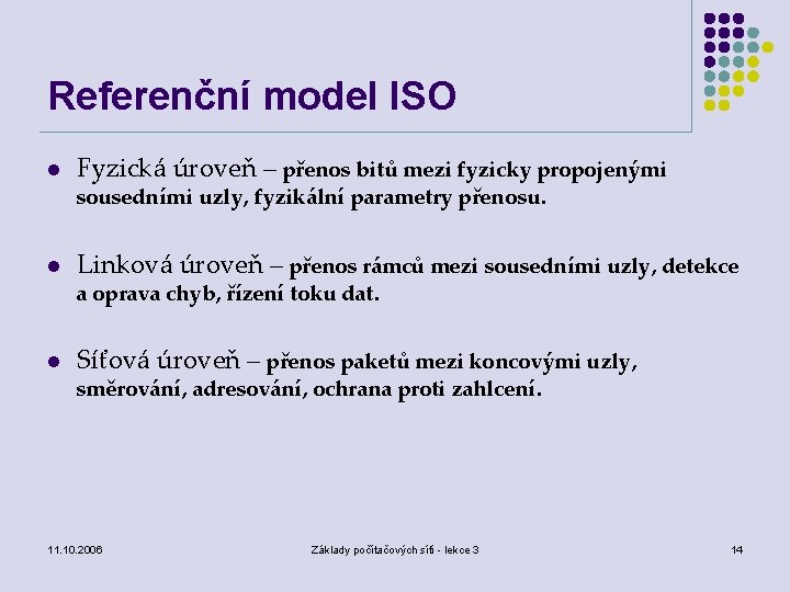 Referenční model ISO l Fyzická úroveň – přenos bitů mezi fyzicky propojenými sousedními uzly,