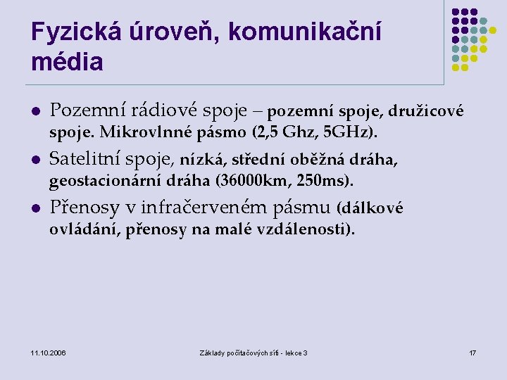 Fyzická úroveň, komunikační média l Pozemní rádiové spoje – pozemní spoje, družicové spoje. Mikrovlnné