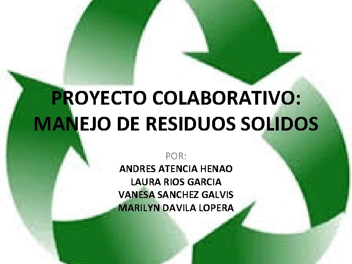 PROYECTO COLABORATIVO: MANEJO DE RESIDUOS SOLIDOS POR: ANDRES ATENCIA HENAO LAURA RIOS GARCIA VANESA
