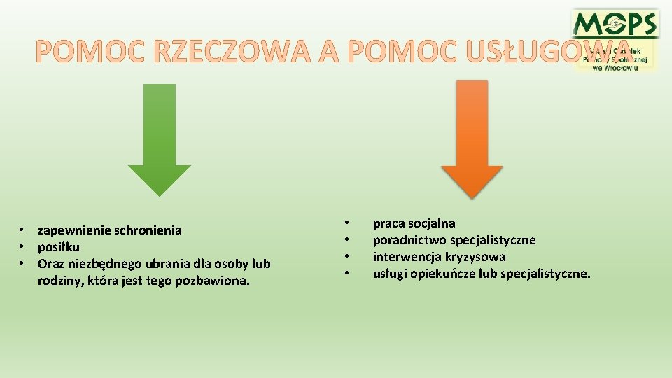 POMOC RZECZOWA A POMOC USŁUGOWA • zapewnienie schronienia • posiłku • Oraz niezbędnego ubrania