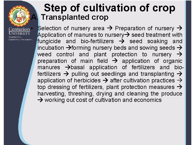 Step of cultivation of crop A. Transplanted crop • Selection of nursery area Preparation