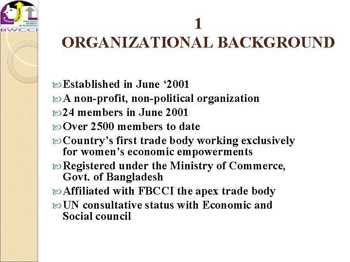 1 ORGANIZATIONAL BACKGROUND Established in June ‘ 2001 A non-profit, non-political organization 24 members