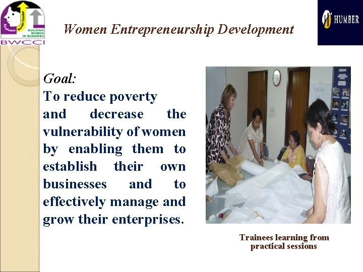 Women Entrepreneurship Development Goal: To reduce poverty and decrease the vulnerability of women by