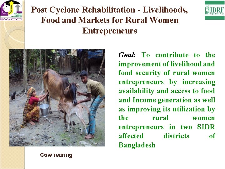 Post Cyclone Rehabilitation - Livelihoods, Food and Markets for Rural Women Entrepreneurs Goal: To