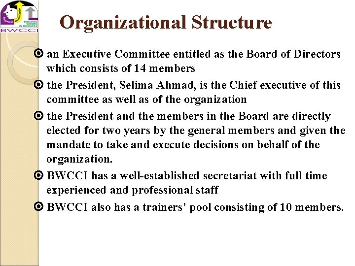 Organizational Structure an Executive Committee entitled as the Board of Directors which consists of