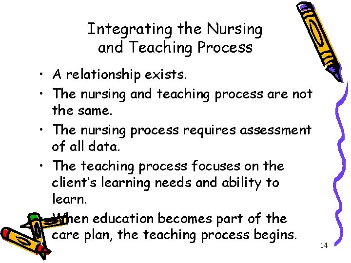 Integrating the Nursing and Teaching Process • A relationship exists. • The nursing and