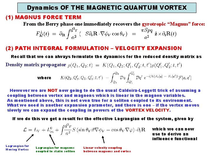 Dynamics OF THE MAGNETIC QUANTUM VORTEX (1) MAGNUS FORCE TERM From the Berry phase