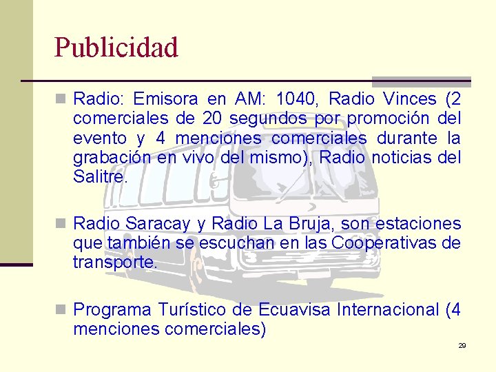 Publicidad n Radio: Emisora en AM: 1040, Radio Vinces (2 comerciales de 20 segundos