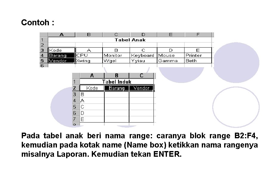 Contoh : Pada tabel anak beri nama range: caranya blok range B 2: F