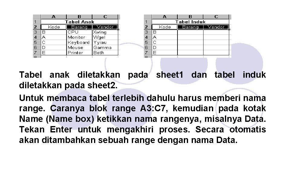 Tabel anak diletakkan pada sheet 1 dan tabel induk diletakkan pada sheet 2. Untuk