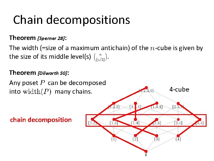 Chain decompositions Theorem [Sperner 28]: The width (=size of a maximum antichain) of the