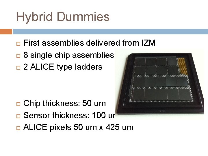 Hybrid Dummies First assemblies delivered from IZM 8 single chip assemblies 2 ALICE type