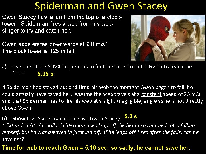 Spiderman and Gwen Stacey has fallen from the top of a clocktower. Spiderman fires